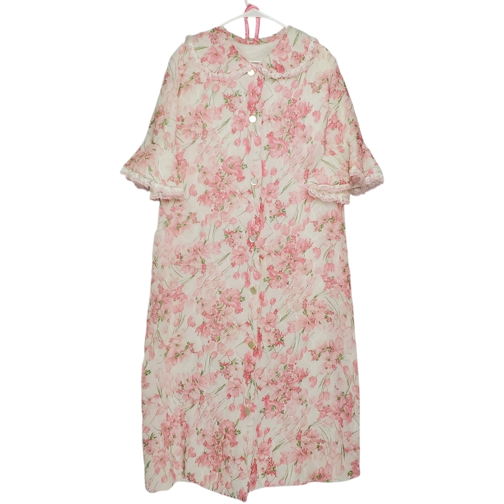 Dressing Gown Bathrobe Floral Housecoat White Pink Size Unknown Vintage